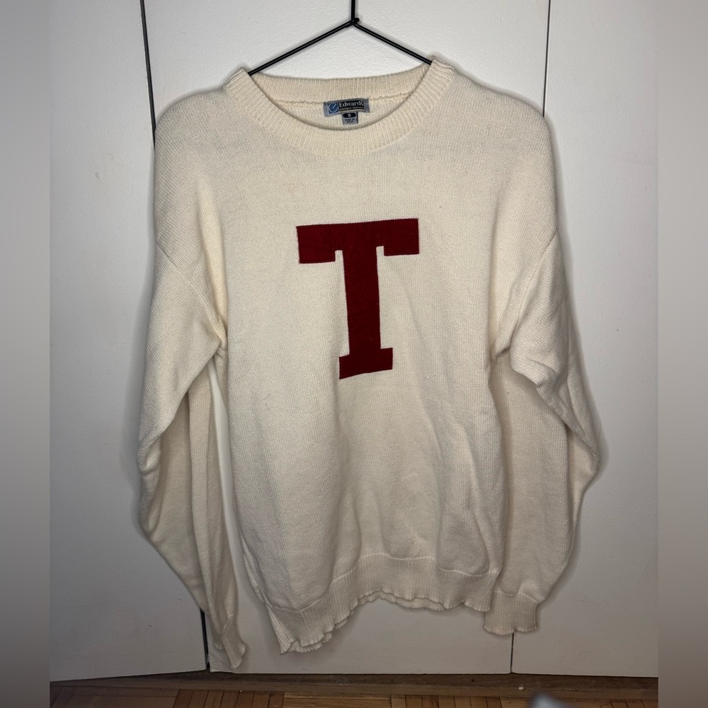 Vintage Ivory Cream Sweater with Red T Logo